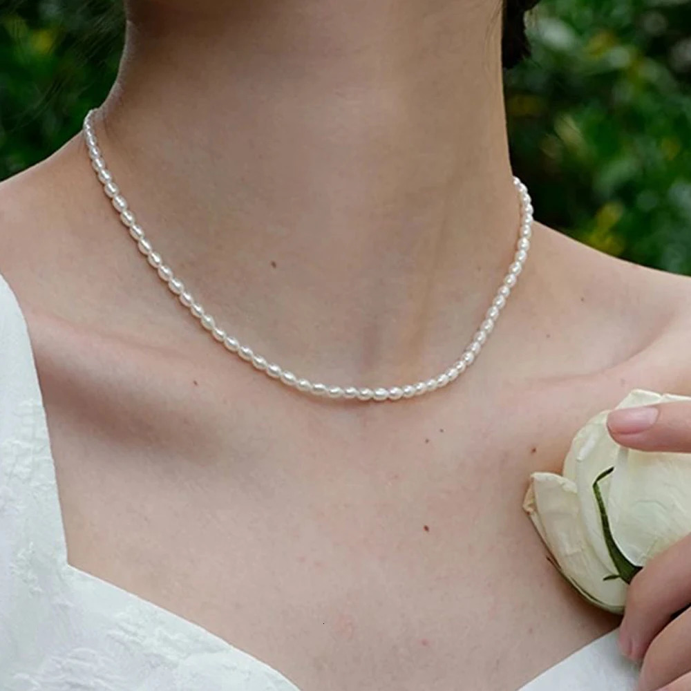 M Pearl Necklaces Oval White Stainless Steel Necklace Womens Collarbone Chain 250704