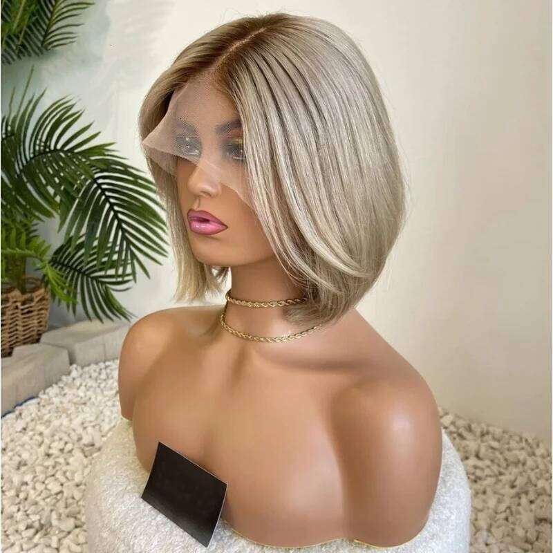 Straight Synthetic Lace Front Natural Preplucked With Free Part Ombre Ash Blonde Short Heat Resistant Fiber Wig