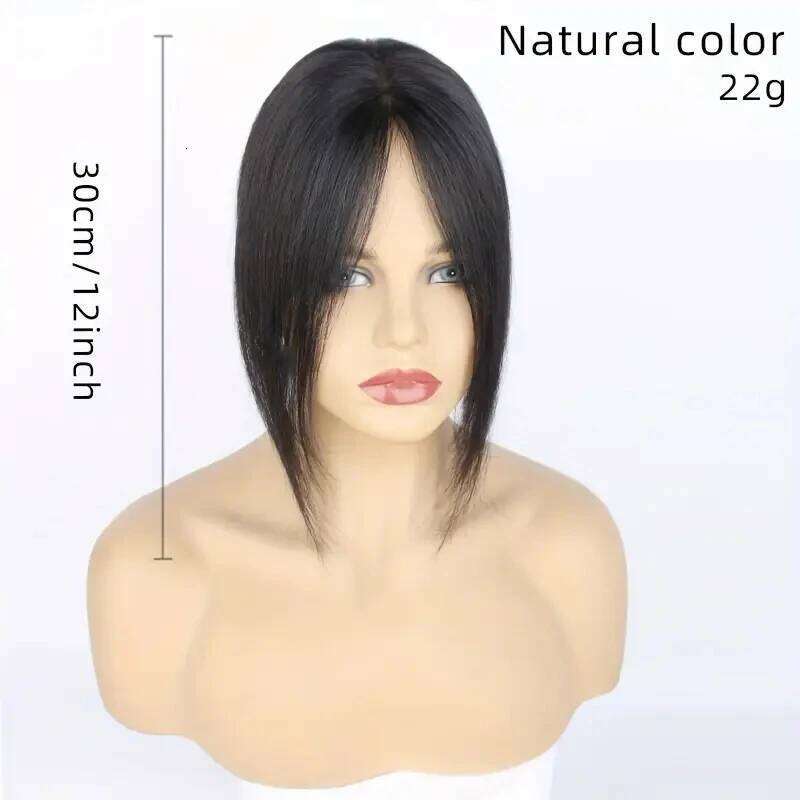 Women's Human Topper Piece Hand-Tied No-Sew Hairpiece Voluminous Bangs Natural Look Straight Black Hair for Bald Spots