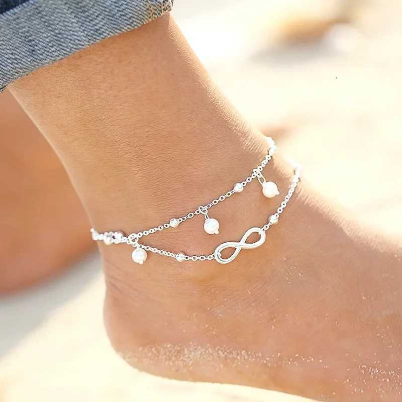 Boho Silver Plated Shiny Chains Anklet for Women Girls Friendship Beach Foot Jewelry Leg Bracelet Barefoot Tobillera De Prata S250723