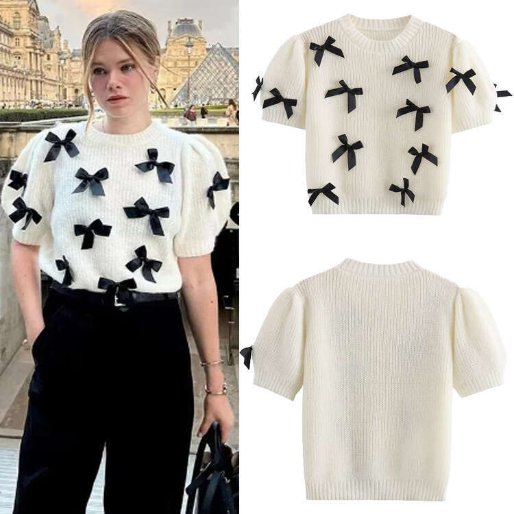 TRAFZA Women's Winter New Street Fashion Bowknot Short Sleeve Solid Color T-Shirt Sweater B5