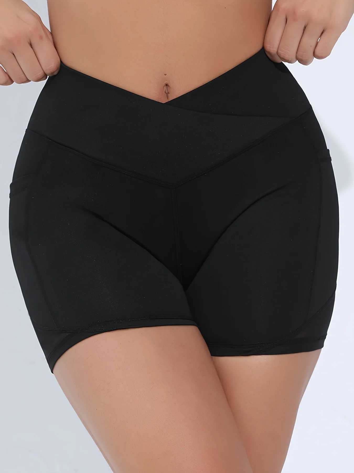 Womens Cross High Waist with Pockets Yoga Shorts Tummy Tuck Exercise Tight Shorts XJ250724
