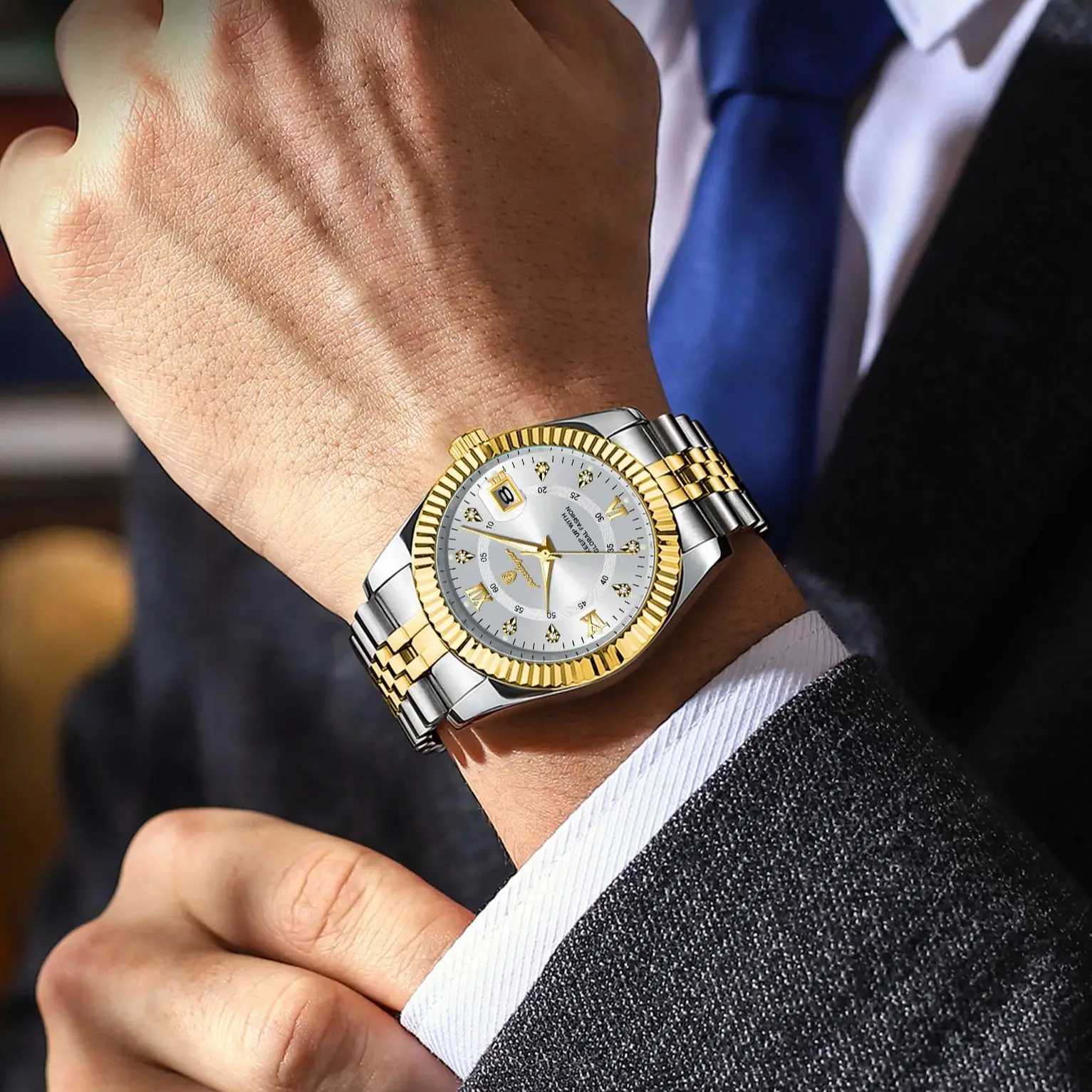 POEDAGAR Luxury Business Mens Wristwatch Waterproof Luminous Date Military Mens Watch Stainless Steel Fashion Mens Quartz Watches W250724