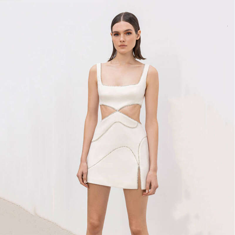 White Skirt Maxi Skirt New Women S Fashion Spaghetti Strap Hollow Out Rhinestone Tight Bandage Waist Revealing Short Dress Long Skirt