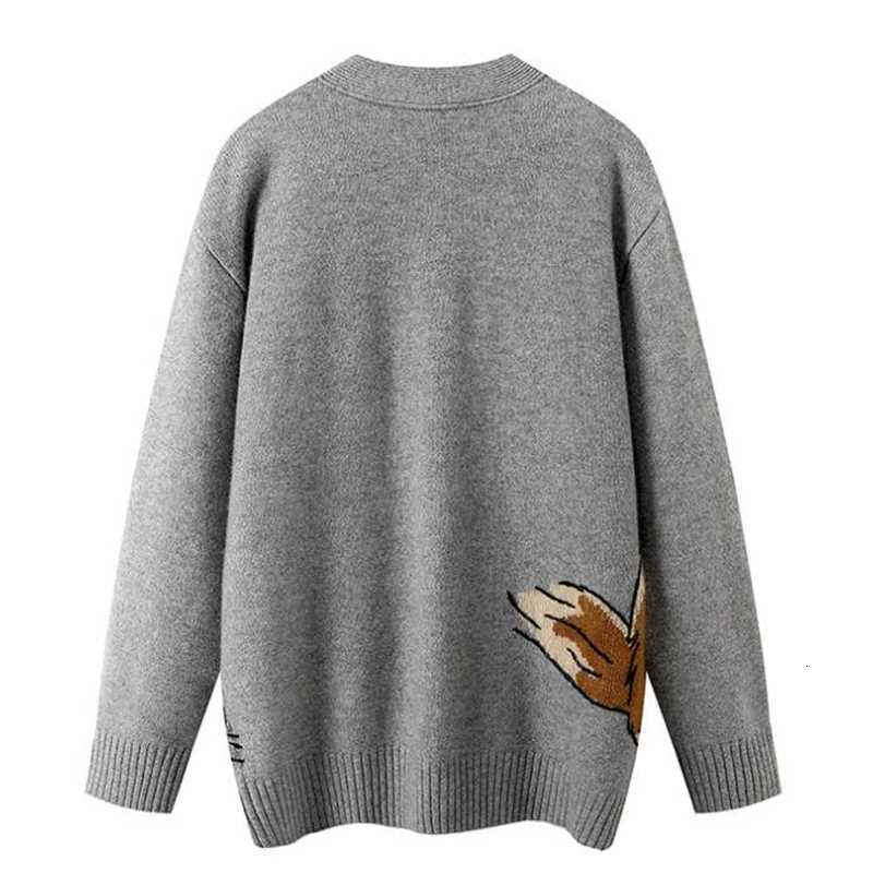 Women Knitted Cardigans Cartoon Cat Pattern Retro Korean Chic Long Sleeve V-neck Sweater Coat Fashion Outerwear Loose Female Top X250724