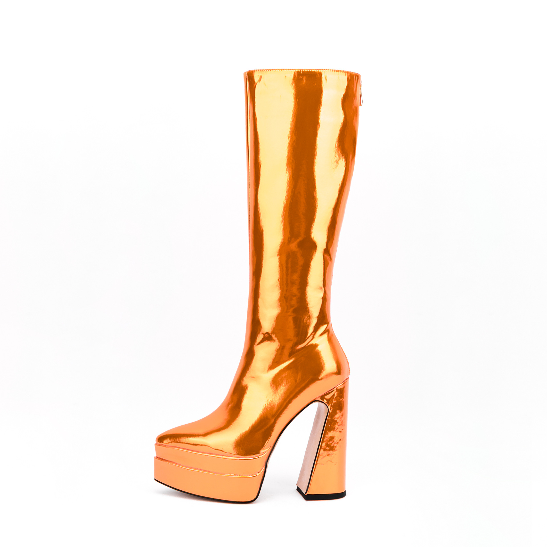 Women's 15cm Extreme Height Knee-High Boots - Patent Leather Pointed Toe, Double Platform Chunky Heel(Color can be customized)