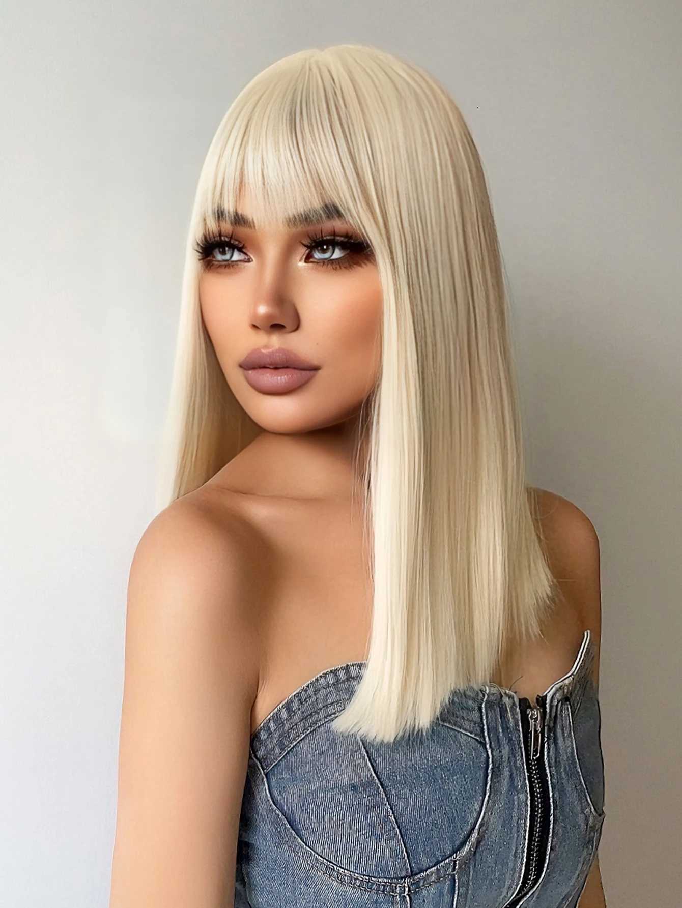 18Inch Platinum Blonde Synthetic Wigs With Bang Long Natural Straight Hair Wig For Women Daily Use Cosplay Party Heat Resistant G250915