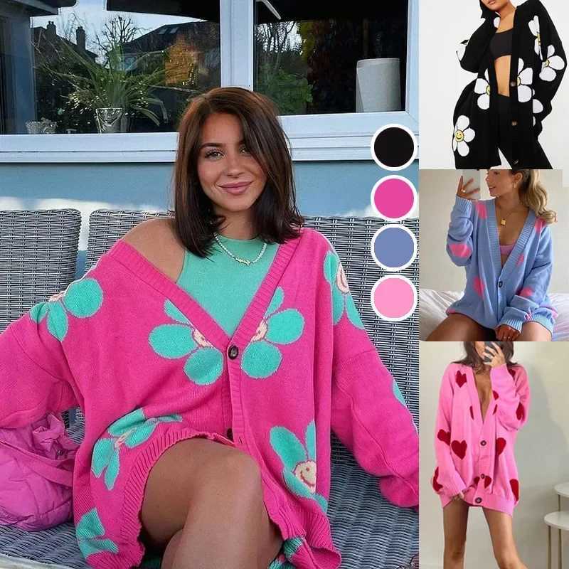 Europe and the United States Womens Sweater Love Flowers in the Long V-neck Coat Loose Casual Knitted Cardigan New Style X250724