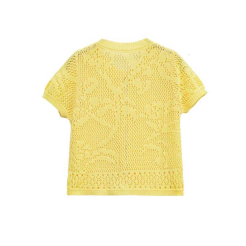 2025 New Yellow Knitted Short Sleeve Cutout Design Cardigan for Women Summer Casual Fashion Personality Versatile X250724