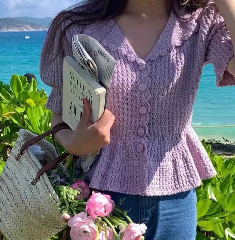 Woherb Knitted Turn Down Collar Cardigan Womens Y2k Short Sleeve Sweater Pull Femme 2025 Womens Fashion Korean Solid Tops X250724