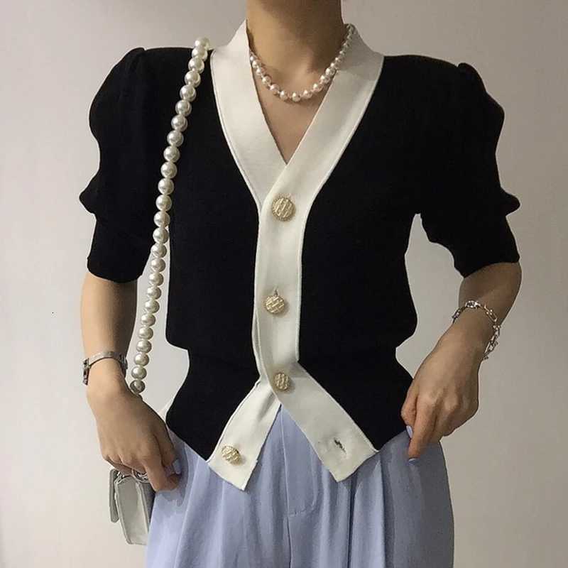 Summer Elegant Puff Short Sleeve Cardigan Office Lady 2023 Korean Contrast Single Breasted V-Neck Casual All-Match Knitted Tops X250724
