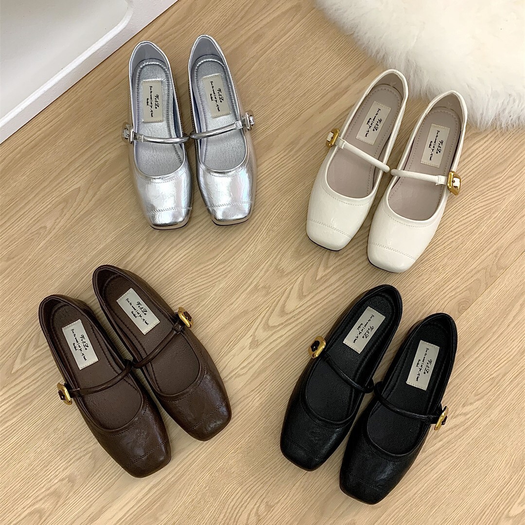 Korean Style Versatile One-Strap Silver Women's Summer French Mary Jane Flat Small Leather Shoes ddmythur