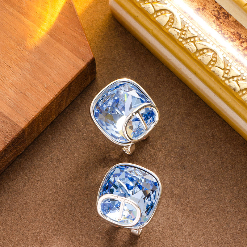 Fashion Simple Inlaid Klein Blue Crystal Letter Earrings for Women High-end Light Niche Sier Needle Ear Jewelry