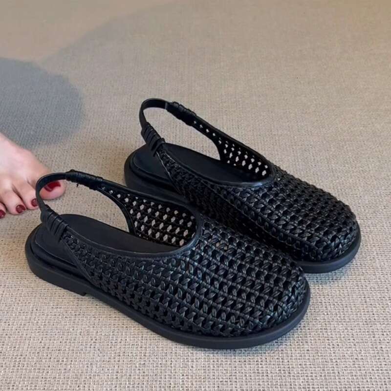 Heel Sandals Sandals Shoes Women Heels New Handmade Woven Hollow Sandals For Women Round Toe Flat Slip On Back Strap Roman Shoes