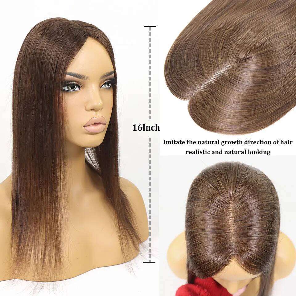 16" Brown Clip In Toppers Women Blonde Breathable Lace With PU Human Pieces For Loss Or Thinning Hair