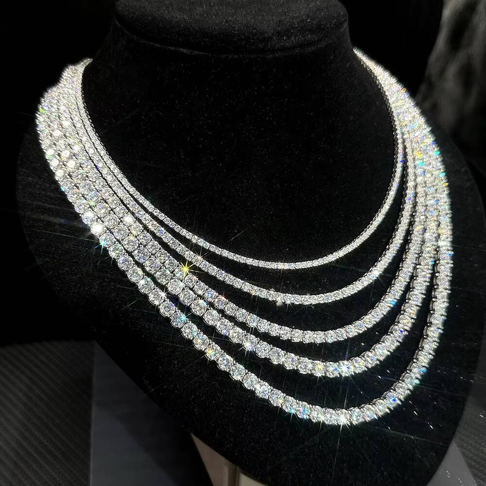 925 Sterling Sliver Moissanite Chain Necklace Hip Hop Iced Out 2mm 3mm 4mm Vvs Moissanite Diamond Tennis Chain for Men Women