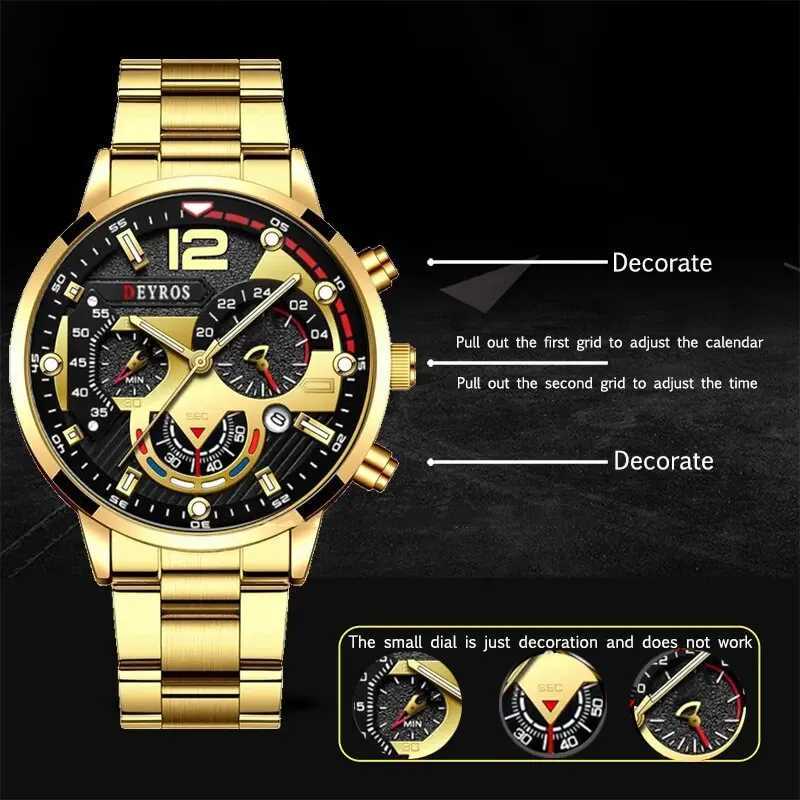 3PCS Set Fashion Mens Business Watches Male Casual Stainless Steel Quartz Wristwatch Men Gold Necklace Bracelet Wrist Watch W250724