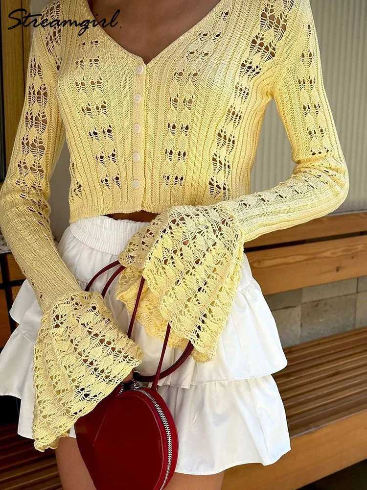Summer Crop Cardigan For Women Hollow Out Knitted Coffee Short Cardigans V Neck Burgundy Clothes Crochet Cardigan Long Sleeve X250724