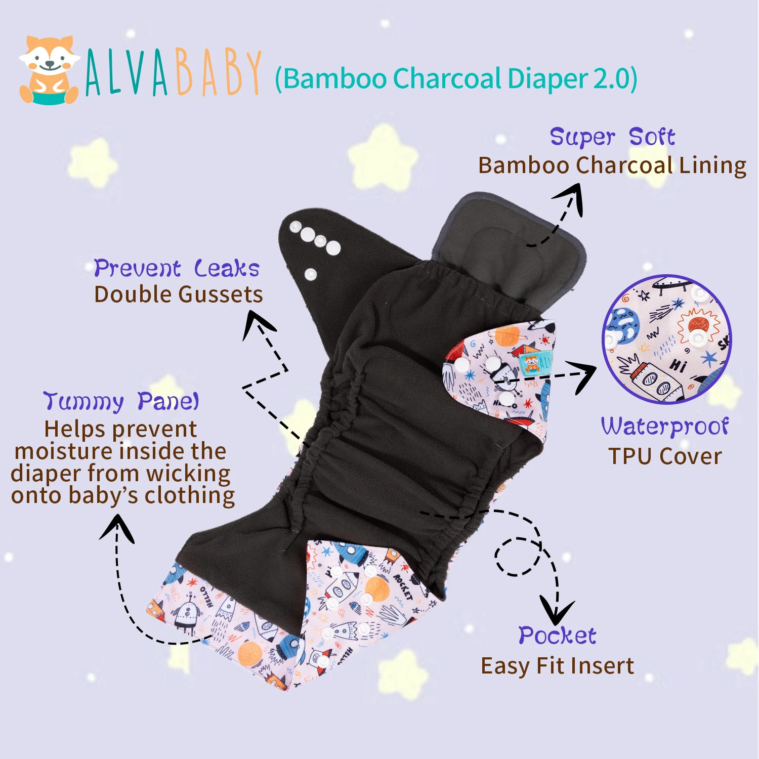 U Pick ALVABABY Bamboo Charcoal Cloth Diaper with Double Gussets and Tummy Panel Each 1pc 4layer Blend Insert 250724
