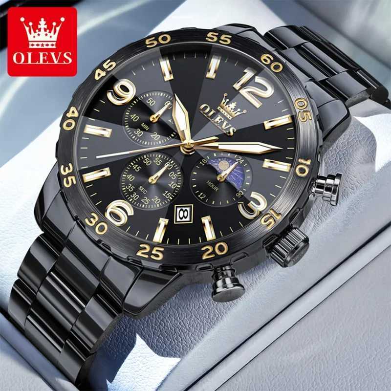 OLEVS Men Watch Black Stainless Steel Waterproof Luminous Moon Phase Digital Dial Original Quartz Movement Wristwatch 3678 W250724