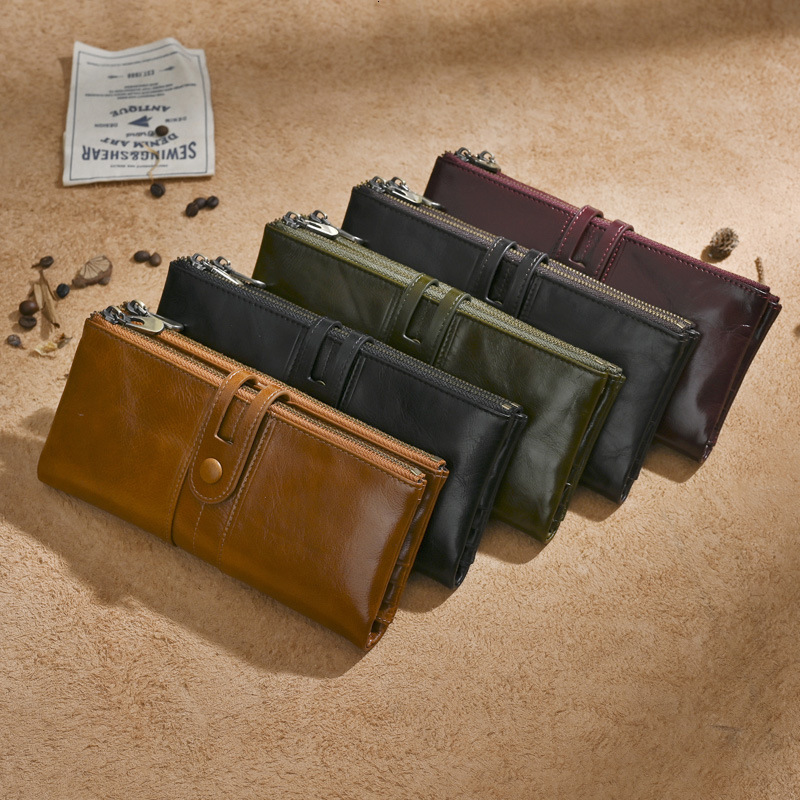 Free Shipping Designer Package Oil Wax Leather Long Wallet Cowhide Wallet Anti Magnetic Card Clip Genuine Leather Coin Wallet