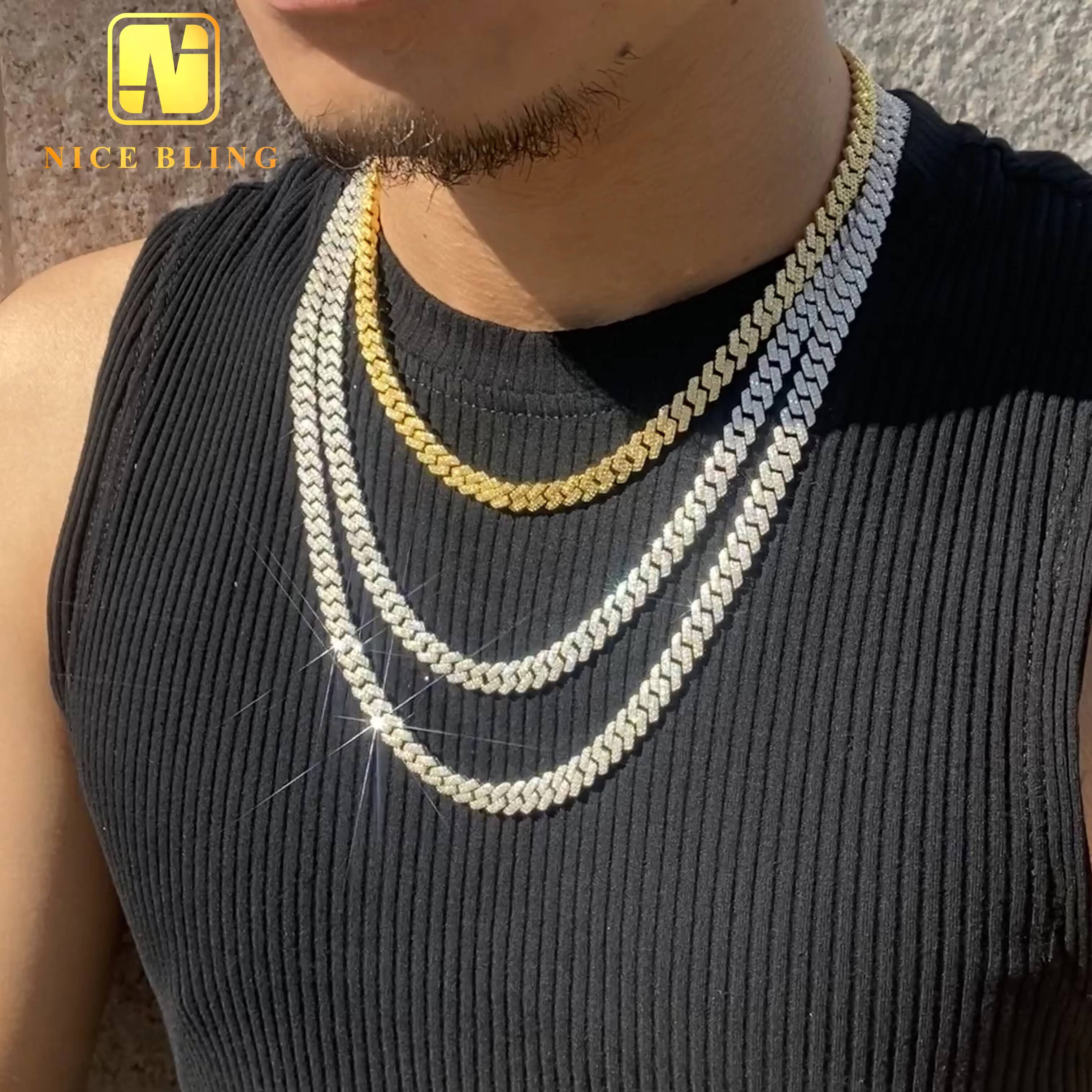 Stocks Hot Selling 8MM 925 Sterling Silver Gold Plated New Arrivals Hip Hop VVS D Color Moissanite Cuban Link Chain