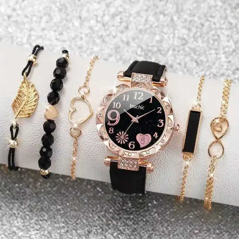 6PCS/Set Fashion Rhinestone Womens Watches Ladies Leather Band Heart Dial Quartz Watch Leaf Bracelets Set (Without Box) W250724