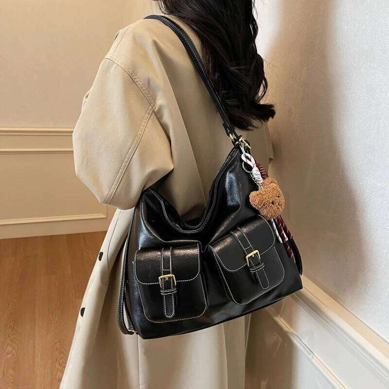New Retro Trendy Versatile Large Capacity Multi Pocket PU Leather Single Shoulder Crossbody Bag Simple Casual Armpit Bags MDNG