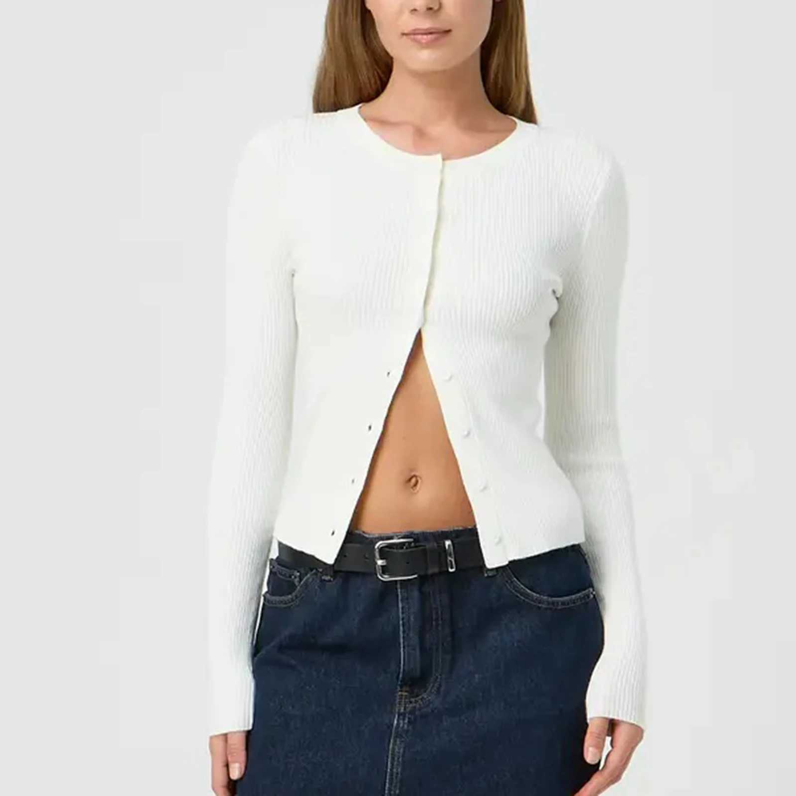 2020 Womens Y2K Button Down Crop Pullover Cardigan Plain Round Neck Long Sleeve Knitted Autumn Tops Streetwear Knitted Crop Cardigan X250724