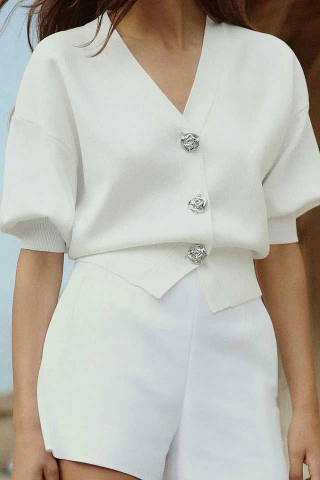 2024 Summer Women Short Sleeve Clothing Solid Shirt V-neck Knitted Sweater Top All-match Crop Top Casual Cardigan Sweater X250724