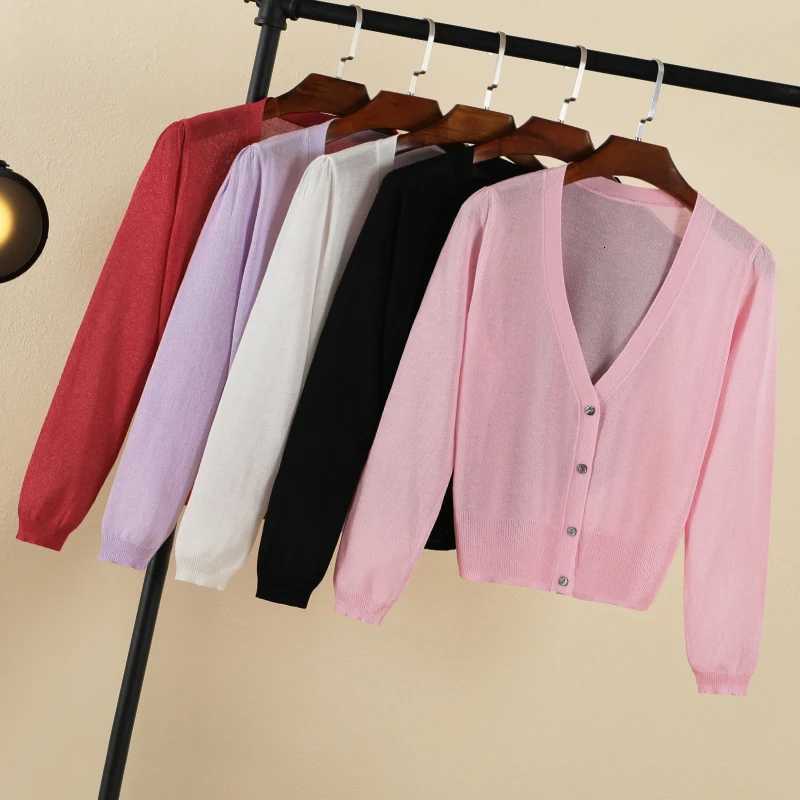 Summer Cardigan Women V-neck Blouses Crochet Top Clothing Cropped Button-down Outerwear Cute Knitted Ladies Sweaters Black Basic X250724