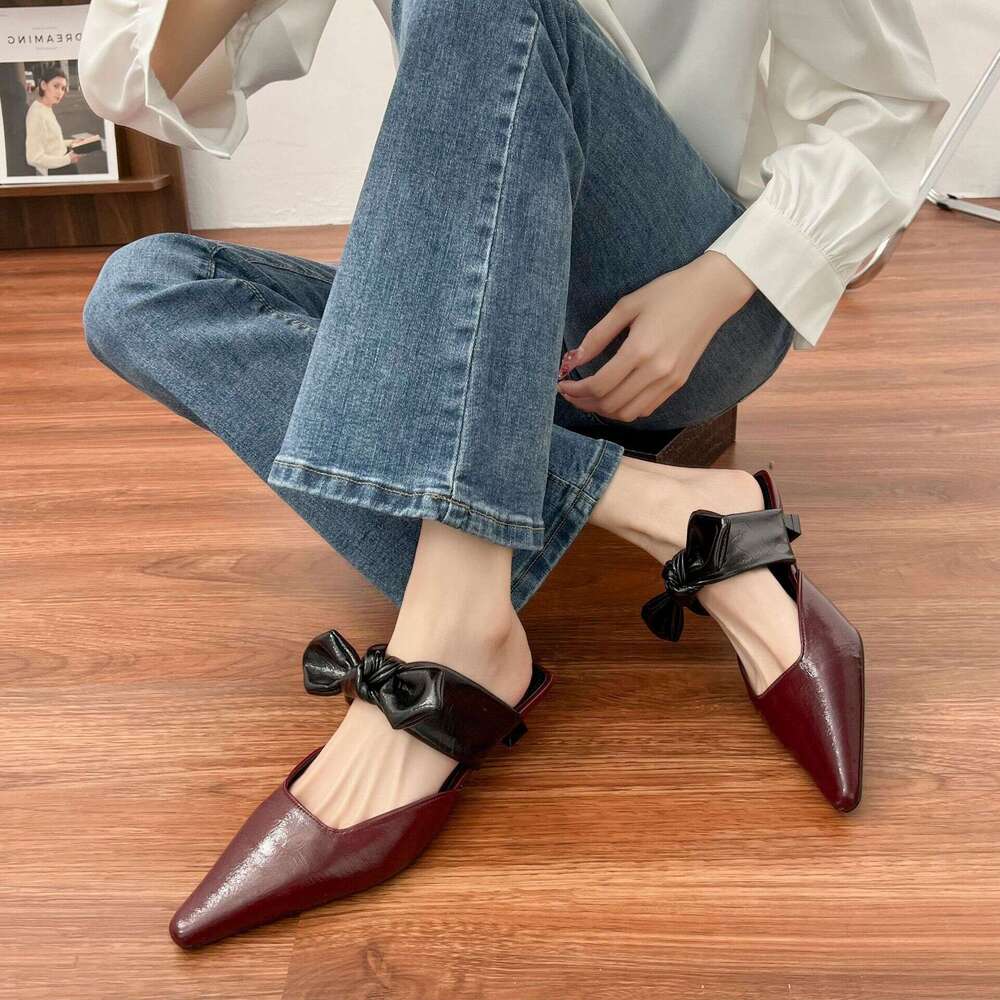 2025 New French Fashion Pointed Toe Sandals for Women with Open Back and Bowknot Mules