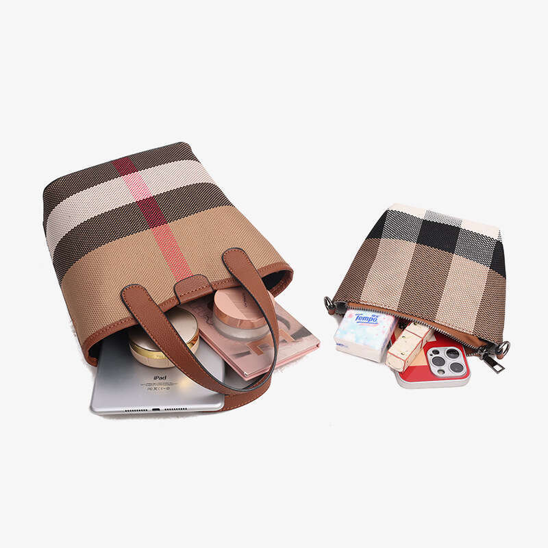 Women's Genuine Leather Canvas Plaid Color-Block Tote Basket New Fashion Single Shoulder Crossbody Bucket Bag