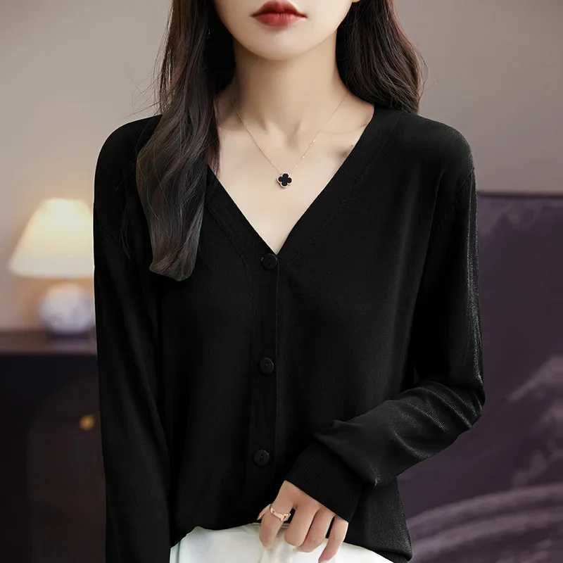 Casual Women Cardigans Spring Summer Loose V-neck Sweater High Stretch Single Breasted Cardigan Fashion Korean Knit Cardigan X250724