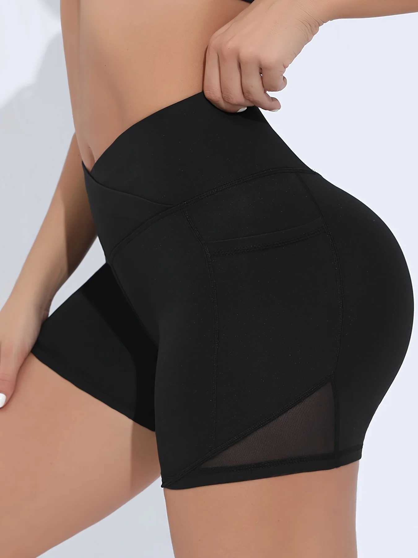Womens Cross High Waist with Pockets Yoga Shorts Tummy Tuck Exercise Tight Shorts XJ250724