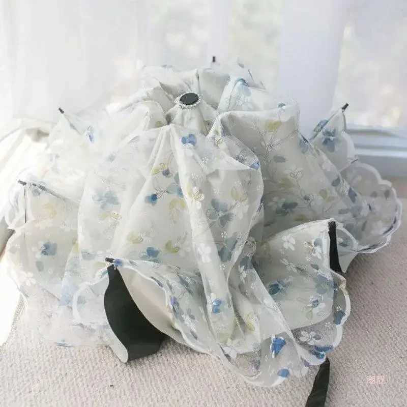 Fashion Double-layer Lace Floral Embroidery Folding Umbrella Summer Outdoor Mini Sunscreen UV Protection Foldable Sunny Umbrella R250724