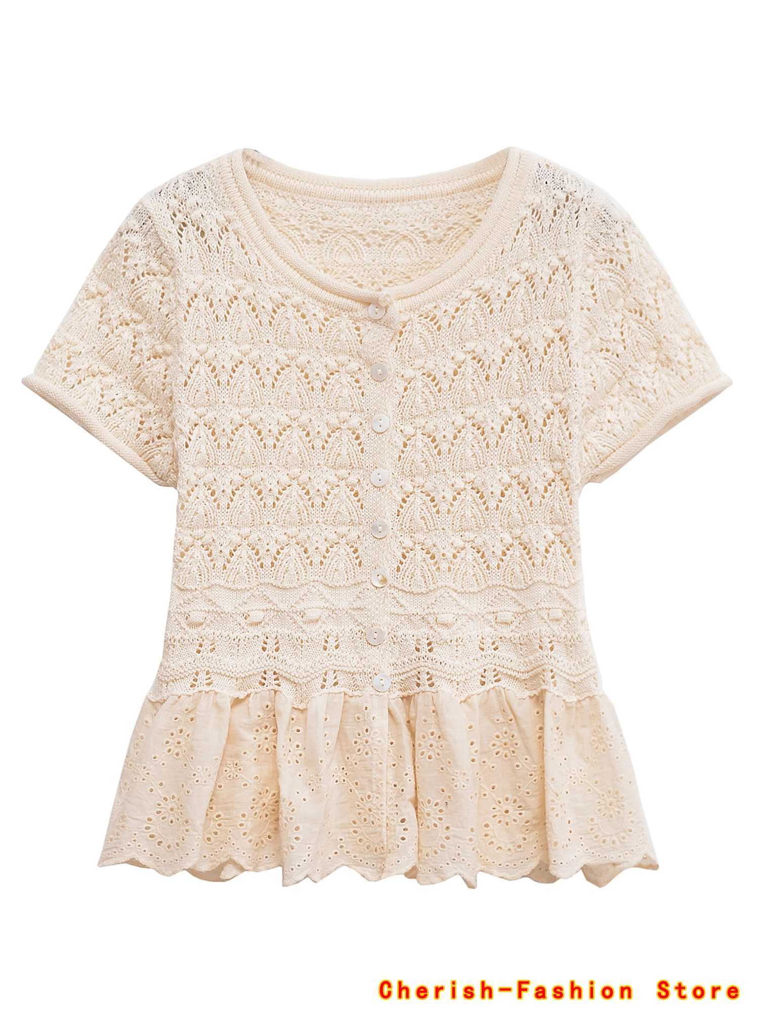 2025 Summer New Products Womens Clothing SplicedKnitted Romantic Style Round Neck Short Sleeve Top Knit Cardigan Embroidery X250724