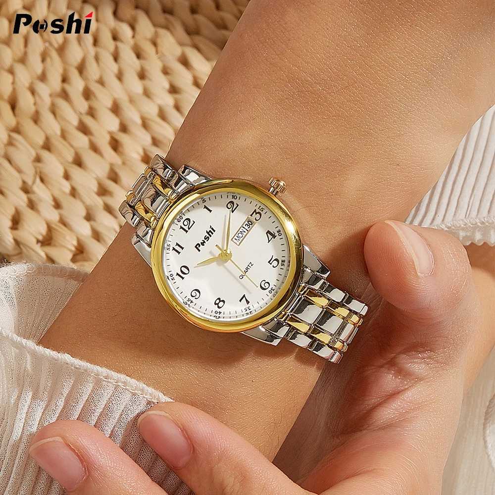 POSHI Original Waterproof Quartz Watch for Women Fashion Ladies Bracelet Luxury Stainless Steel Strap Date Week Womens Watches W250724