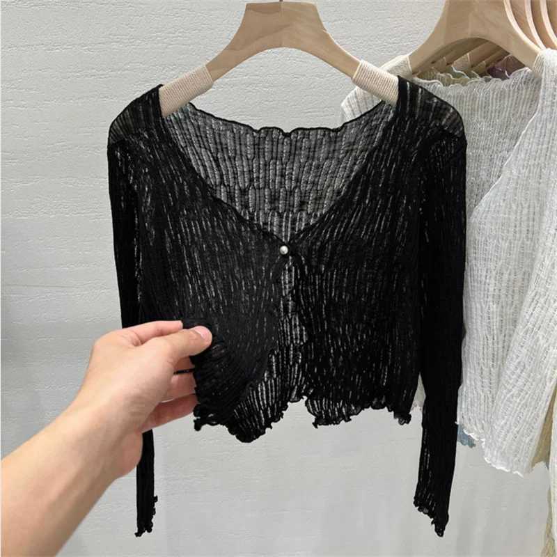 Summer Women Thin Sunscreen Cover Up Cardigan Lace-up Knitwear Tops Female Korean Long Sleeve Short Coat Casual Sun Protected X250724
