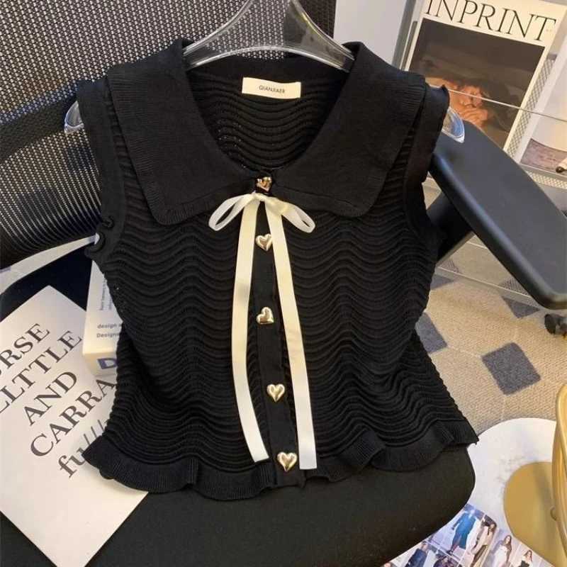 Bow Knitted Vest for Women Summer Love Button Doll Collar Black Ears Flying Sleeves Ice Silk Top X250724