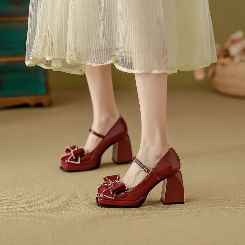 Mary Jane High Heels Lace Bow Single 2025 Spring New Shallow Mouth Women Shoes for Petite Height Increase
