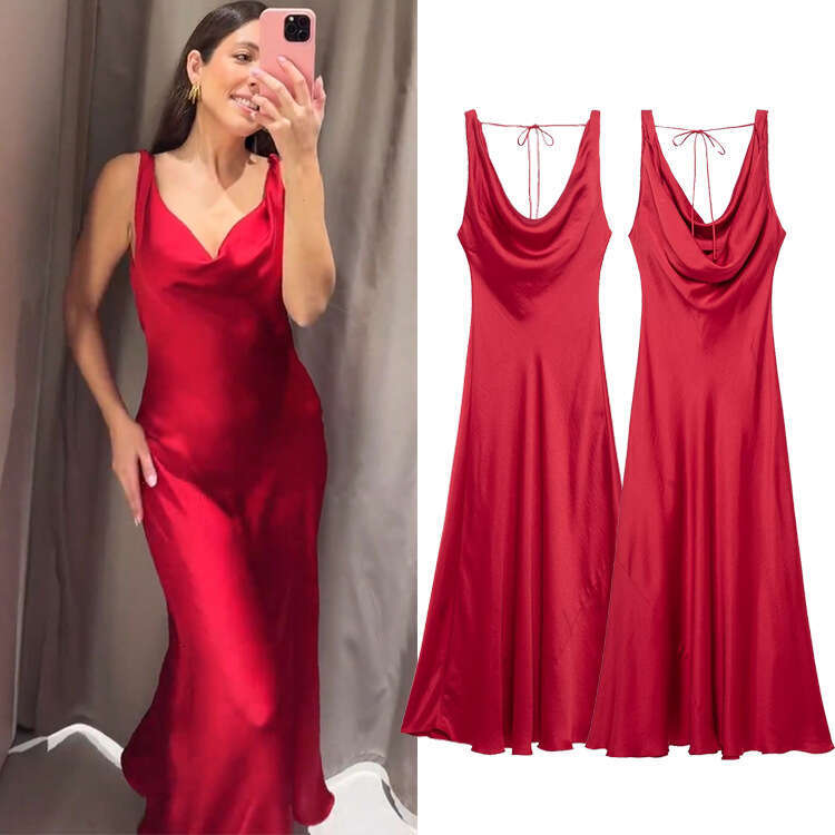 TRAFZA Spring Summer Fashion Women's New Style Swing Collar Silk Satin Texture Backless Long Dress B5