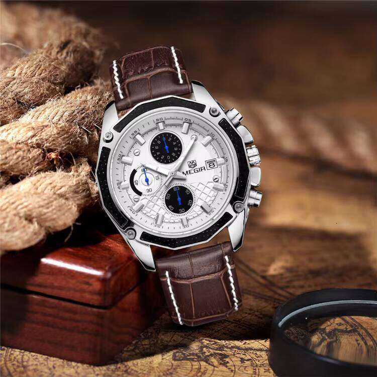 DHgargets MEGIR Men's Sports Watch - Chronograph, Luminous, 30M Waterproof, Leather Strap, Multifunction Wristwatch