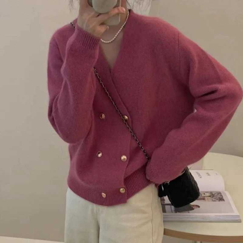 2025 Korean Double Breasted Knitted Cardigans for Women Fashion V Neck Cardigan for Women Autumn Winter Long Sleeve Sweater Coats for Women X250724