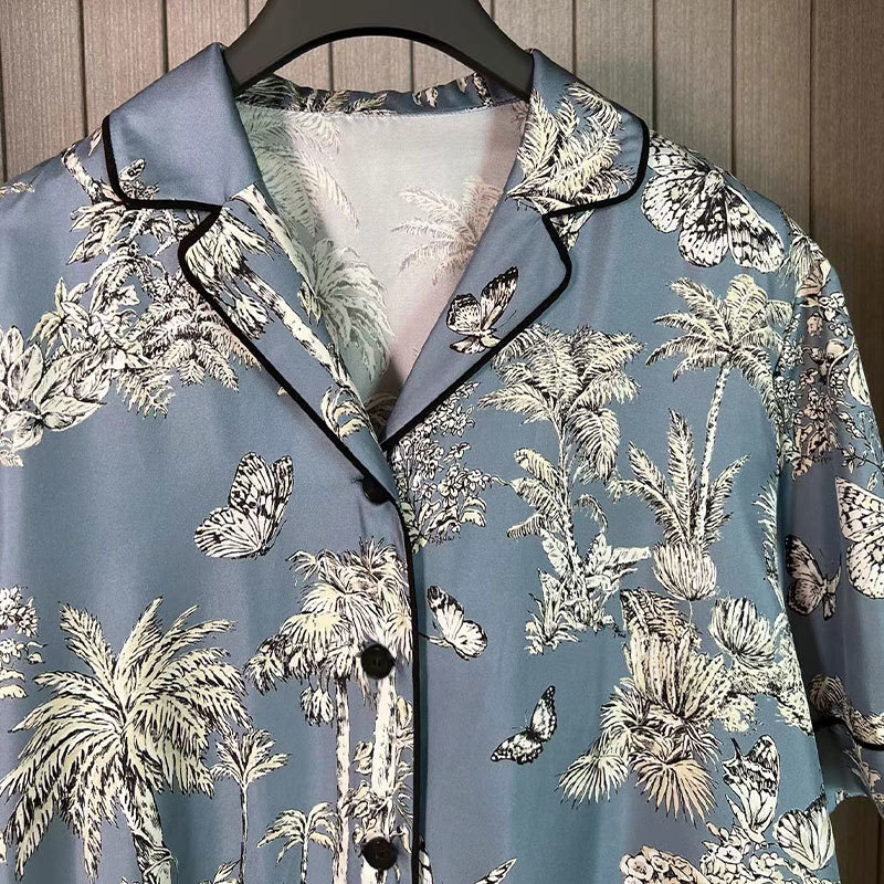 Ladies Silk Palm Print Shirt Pajamas Summer Designer Button-Down Sleepshirt Dual Pockets Clothing Y2K Resort Loungewear S0759