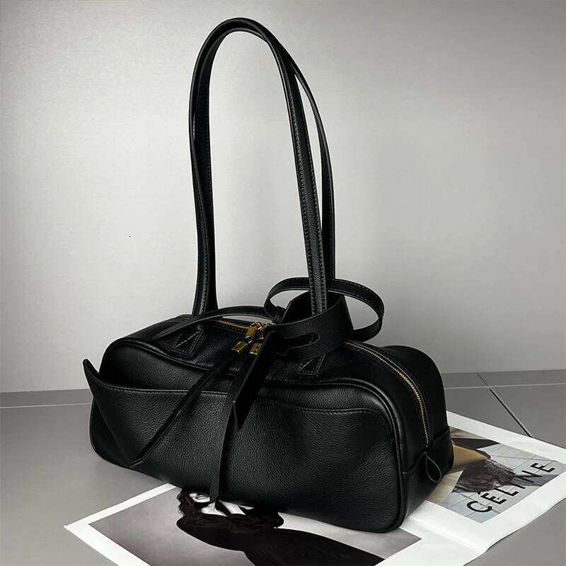 Genuine Leather Handbag Brand Lychee Pattern Bowling High-end Shoulder Versatile Casual Business Underarm Bag New
