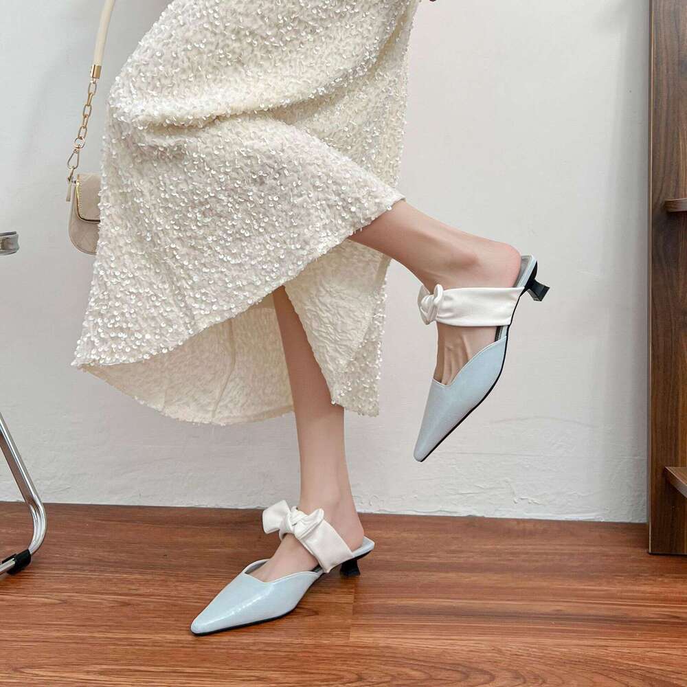 2025 New French Fashion Pointed Toe Sandals for Women with Open Back and Bowknot Mules