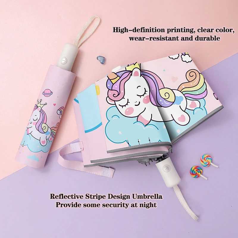 Automatic Umbrella Pink Unicorn Princess Crown Umbrella Windproof Folding Umbrellas Reflective Stripe Design Umbrella No Rebound R250724