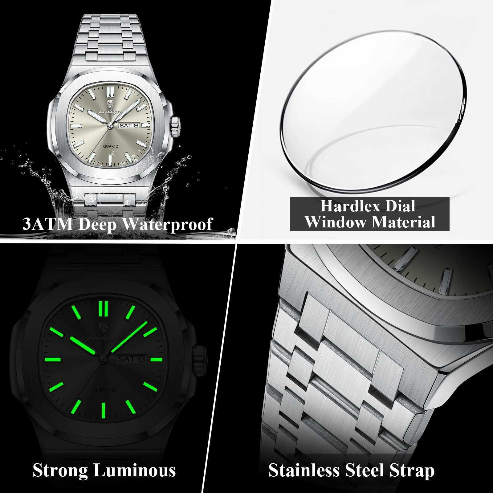 POEDAGAR Luxury Business Men Watch Stainless Steel Waterproof Luminous Mens Watches Date Week Fashion Quartz Man Wristwatch with Box W250724