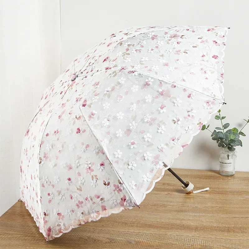Fashion Double-layer Lace Floral Embroidery Folding Umbrella Summer Outdoor Mini Sunscreen UV Protection Foldable Sunny Umbrella R250724